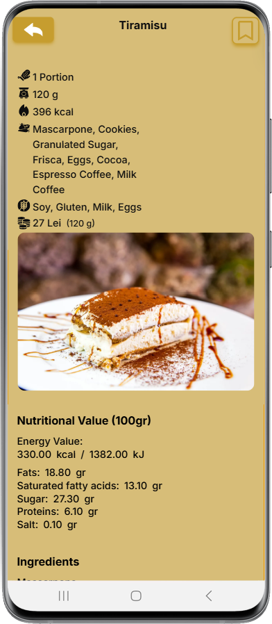 Description détaillée du Tiramisu dans le menu digital - Restaurant La Brasserie