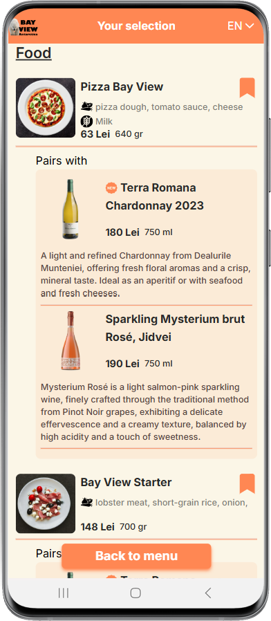 Vins reommandés pour accompagner la Pizza Bay View dans le menu digital pour le restaurant Bay View