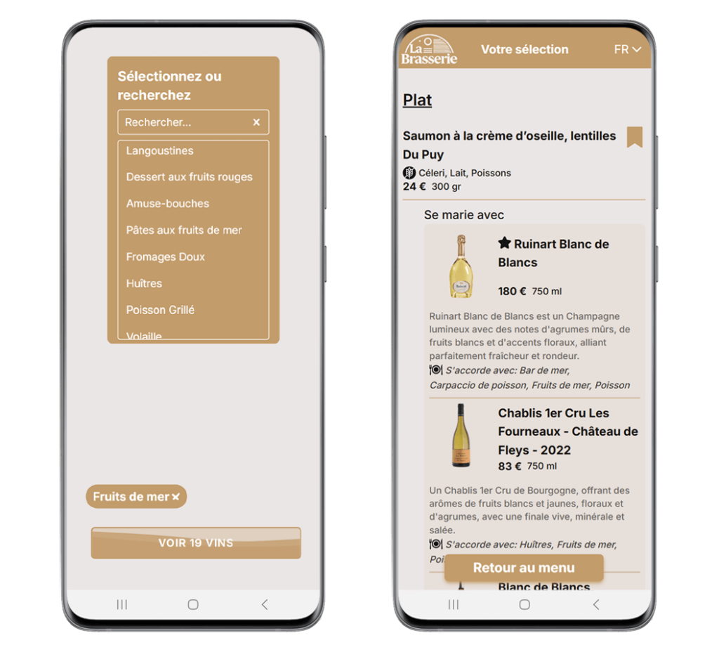 Suggestion automatique d’un vin en fonction des characteristiques su plat choisi par le client.
